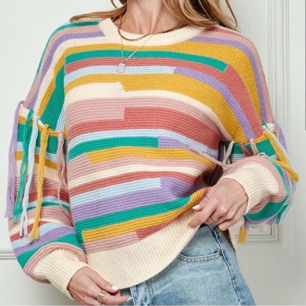 Multicolor Striped Fringe Crewneck Sweater - Women